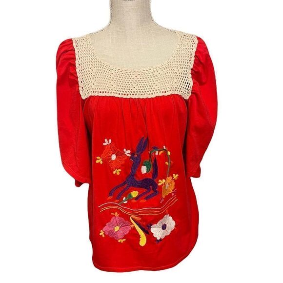 Vava by Jo Hon Embroidered Bunny Boho Tunic Top in Red Size Medium - Picture 4 of 14